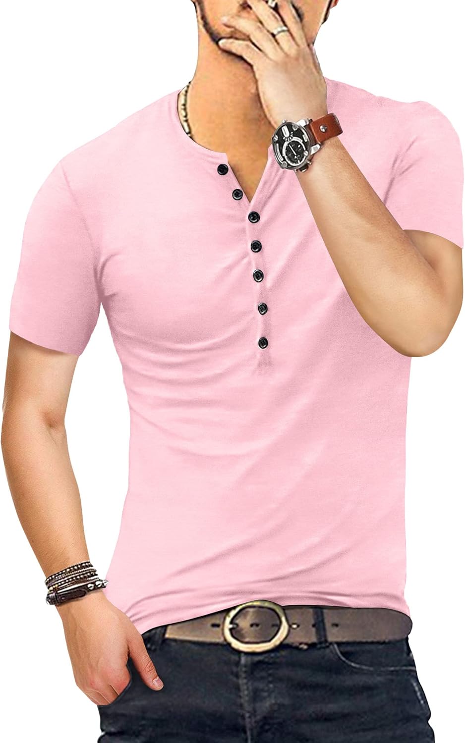 Detalle de KUYIGO Herren T-Shirt Slim Fit Henley aus Baumwolle mit 7 Knöpfen