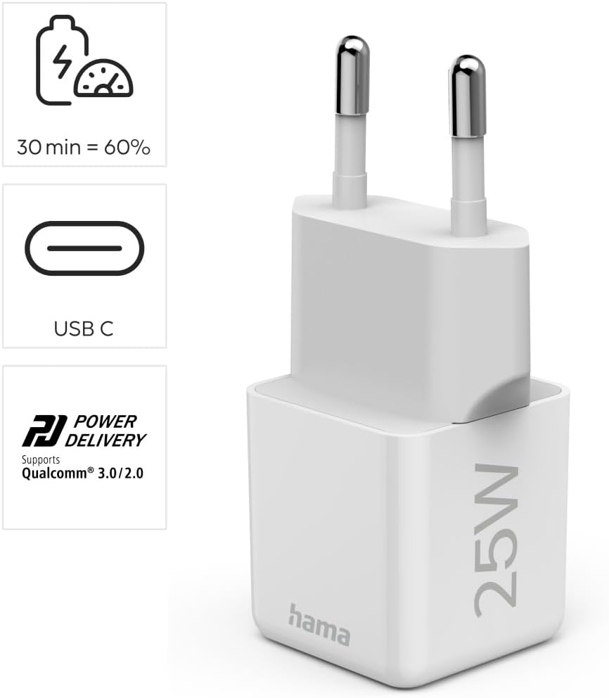 Detalle 2 de Hama chargeur USB-C rapide 25 W (PD + QC 3.0) pour iPhone et Samsung, 1 port, blanc