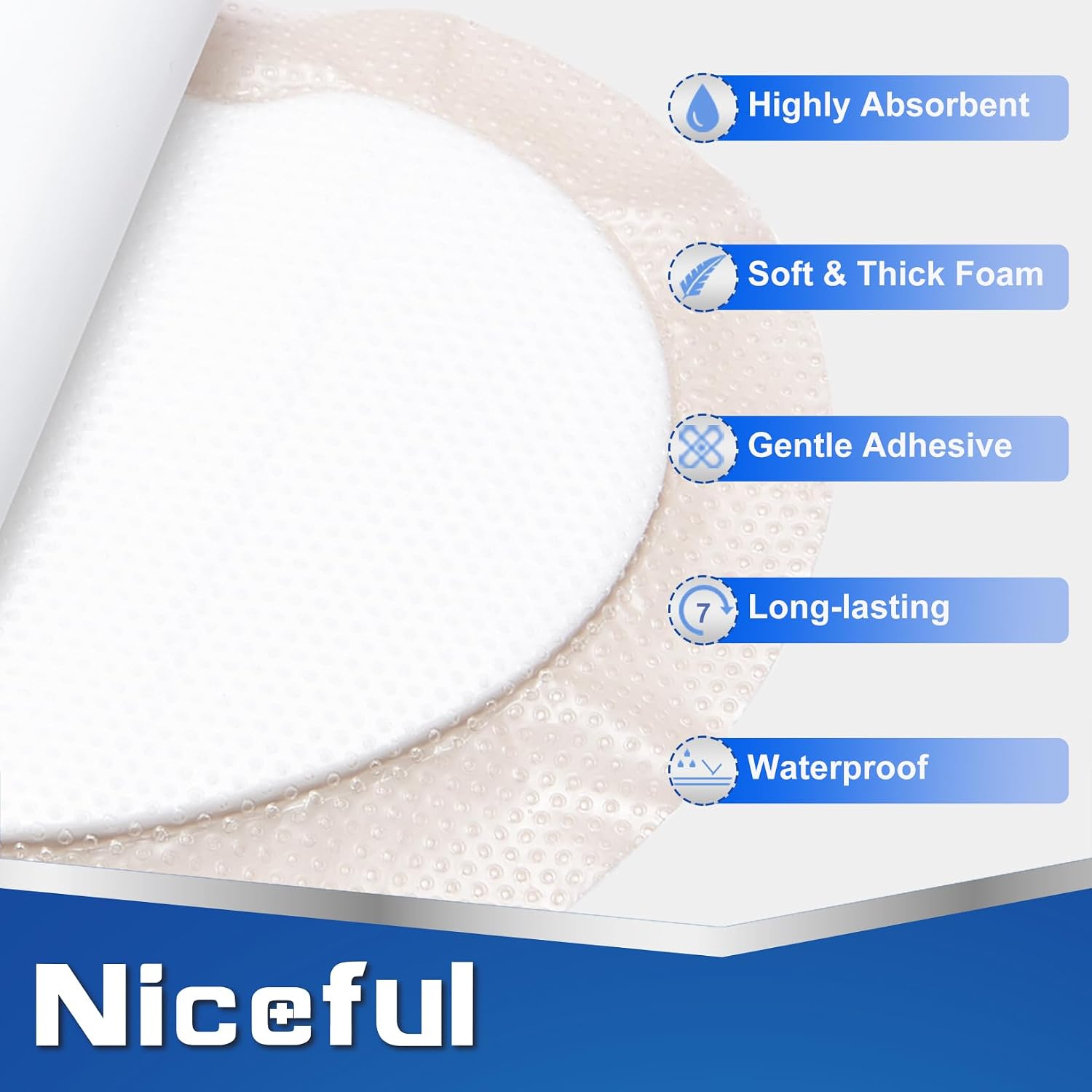 Detalle de Niceful Sacral Silicone Foam Dressing 9x9 in (5 Pack) for Sacrum Wounds