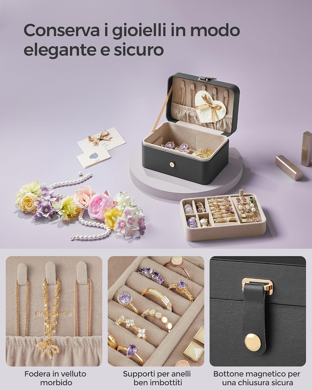 Detalle 2 de SONGMICS GISELLA Collezione Scatola Portagioie da Viaggio 2 livelli – Grigio Ardesia (JBC166G01)