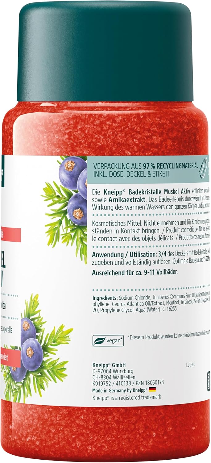 Detalle de Kneipp Riparazione sportiva con cristalli da bagno, olio essenziale di ginepro, rosmarino – 600 g
