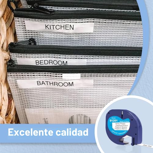 Detalle de DOREE 91221 91201 S0721660 – Cinta blanca plástica 12 mm x 4 m (6 unidades) compatible con Dymo Letratag