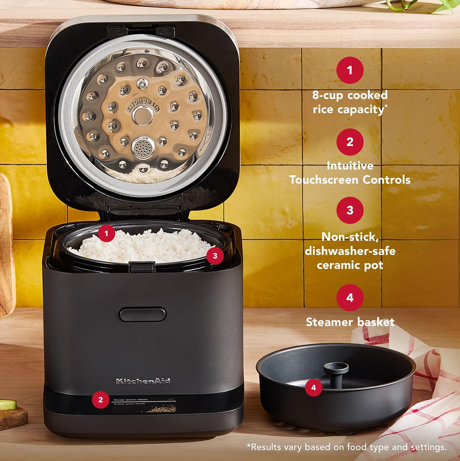 Detalle de KitchenAid KGC2154BM Compact 8-Cup Grain and Rice Cooker with Integrated Scale