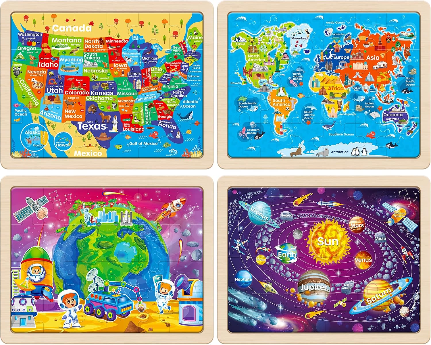 Detalle 2 de SYNARRY Large US World Earth Solar System Wooden Puzzles for Kids (4-Pack, 24 Pieces Each)
