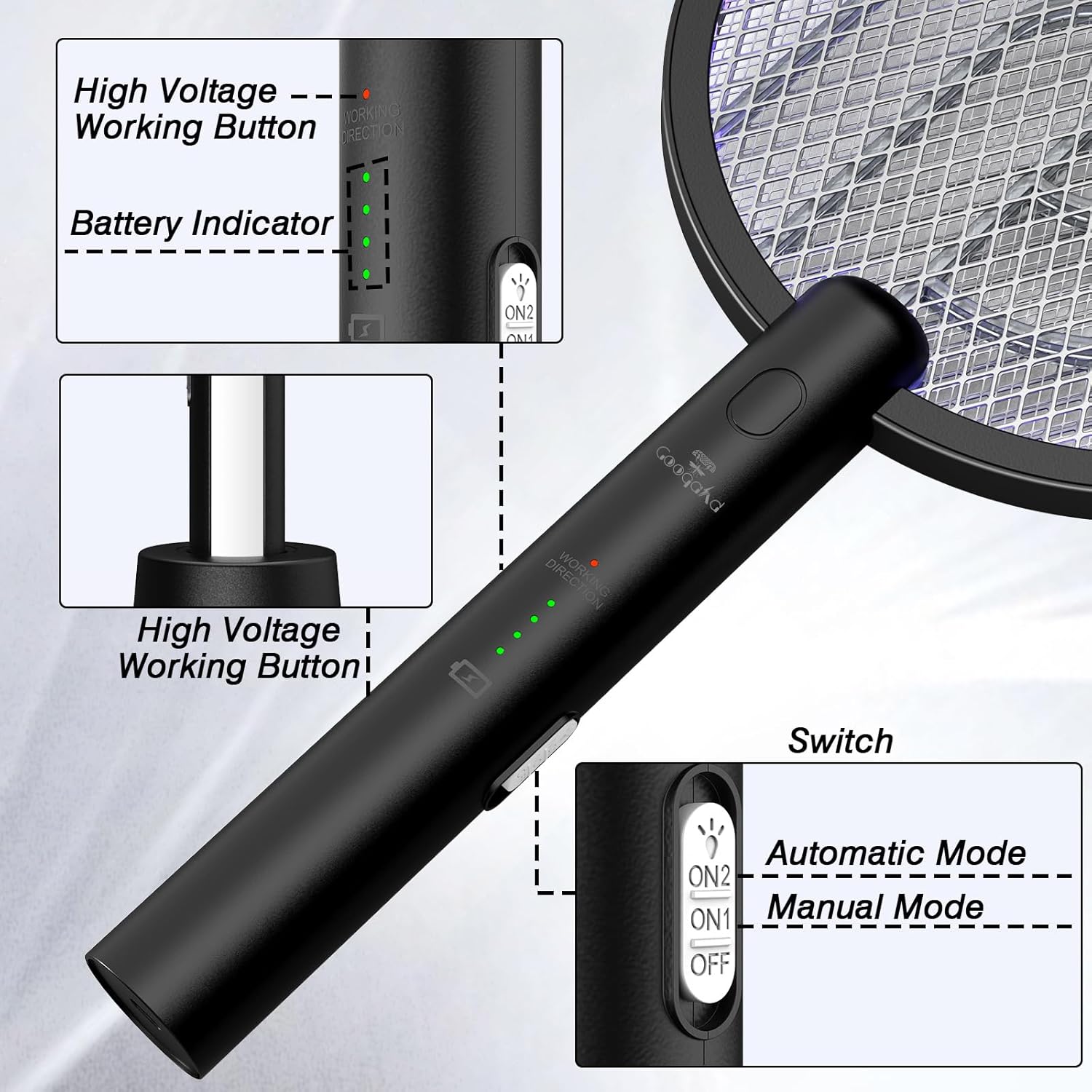 Detalle 2 de GooQand Electric Fly Swatter Rechargeable (4000V) USB 2-in-1 Bug Zapper Racket, 2 Pack