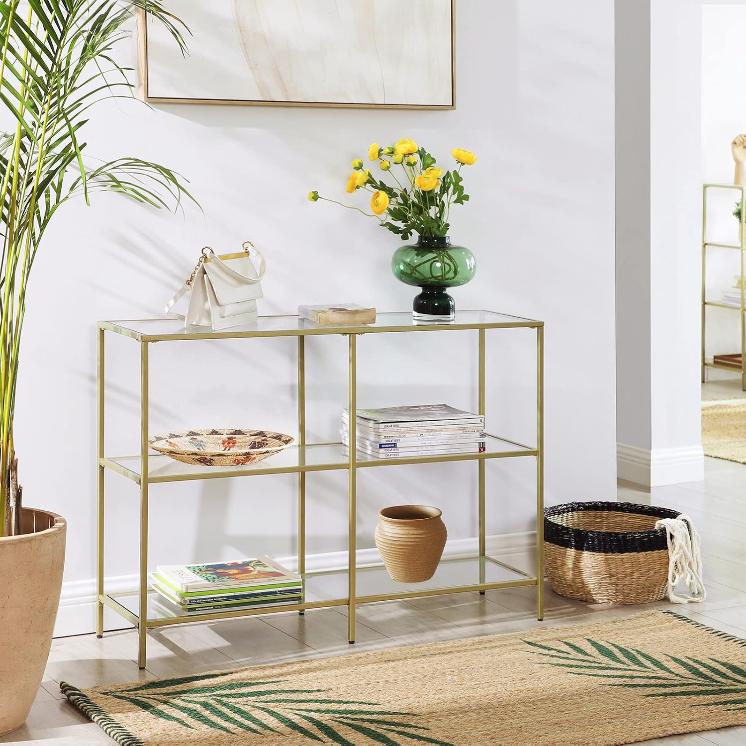Detalle 2 de VASAGLE LGT27G Console Table, 3-Tier Tempered Glass, Gold Metal Frame
