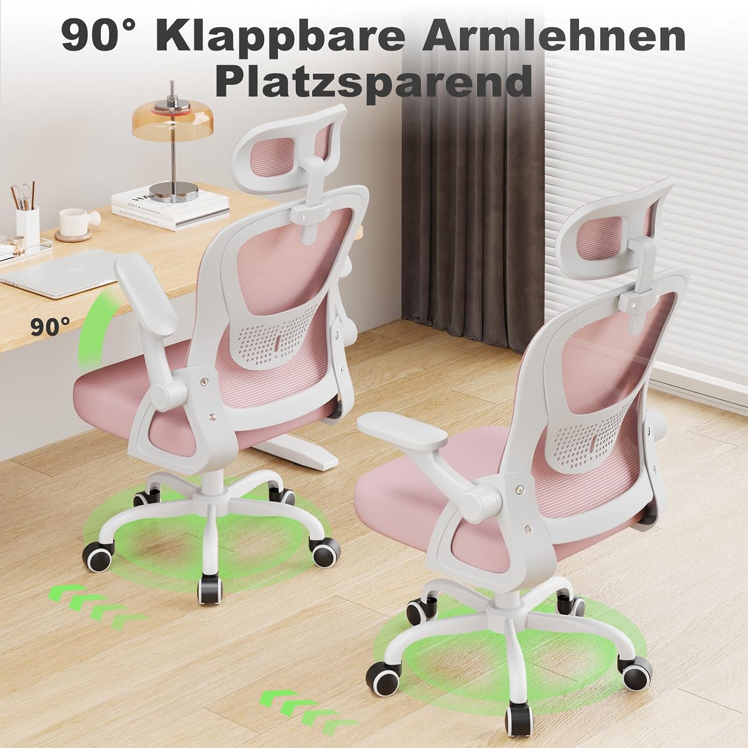 Detalle de naspaluro Ergonomischer Schreibtischstuhl Rosa – Kompakter Drehstuhl mit Kopfstütze und hochklappbaren Armlehnen