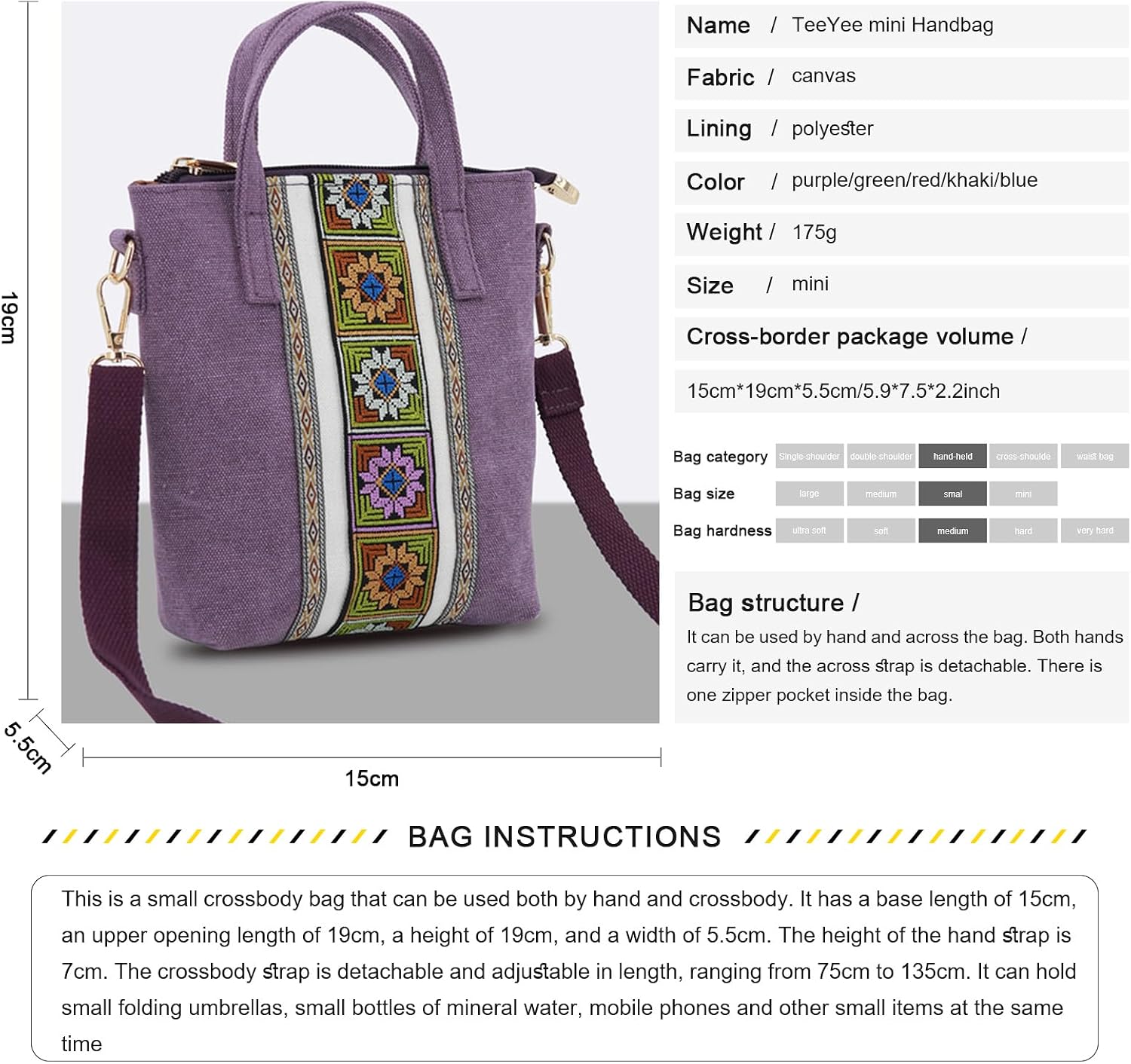 Thumbnail 1 de TeeYee Damen Klein Boho Canvas Umhängetasche mit Stickerei – Mini Crossbody Bag, abnehmbarer Schultergurt