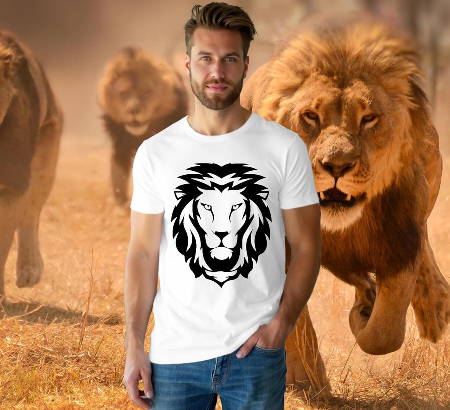 Thumbnail 3 de Qskall Mens Lion Face T Shirt Africa Lions Print T-Shirts Tee Top
