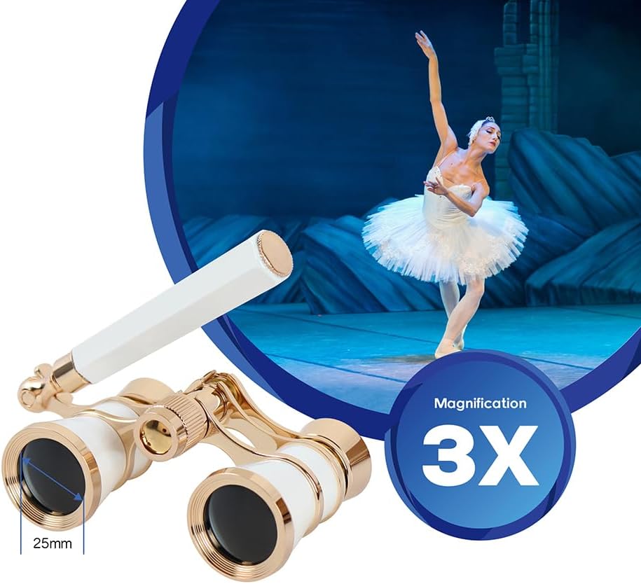 Detalle de Aomekie Theatre Opera Glasses with Handle 3x25 – Compact Folding Binoculars for Theatre and Horse Racing (White)