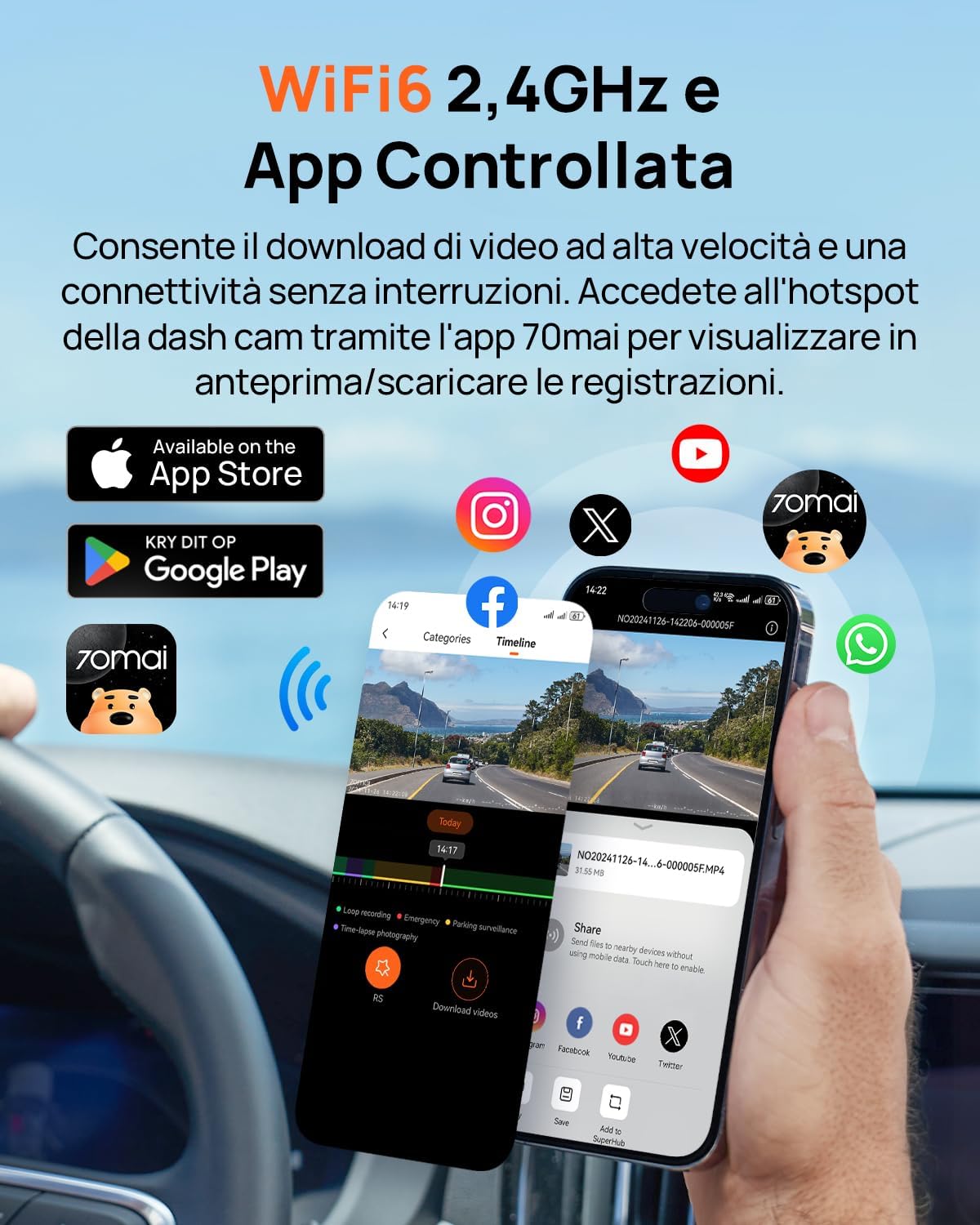 Thumbnail 6 de 70mai A800SE Dashcam 4K+1080P Dual con GPS, WiFi e doppia telecamera anteriore/posteriore