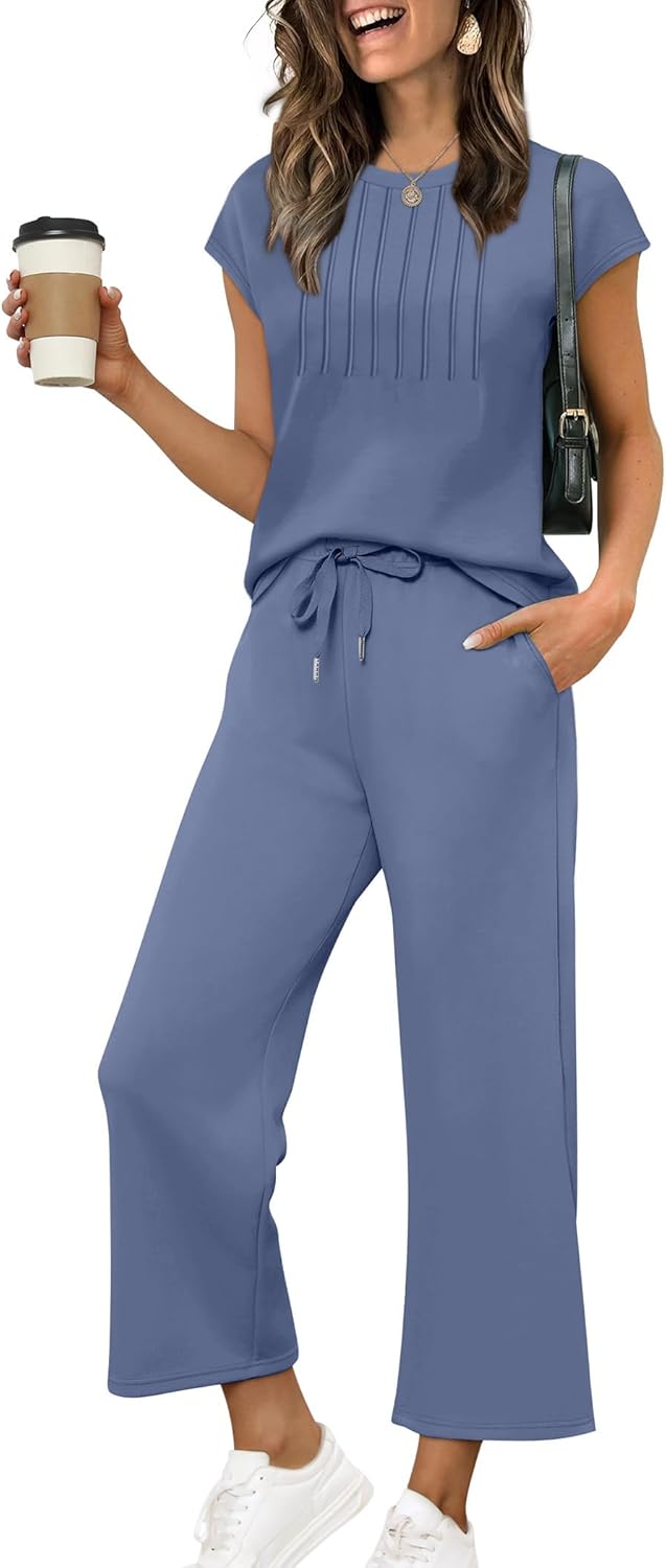 Thumbnail 6 de Sampeel Two-Piece Lounge Set for Women: Cap Sleeve Pleated Top & Cropped Wide-Leg Pants