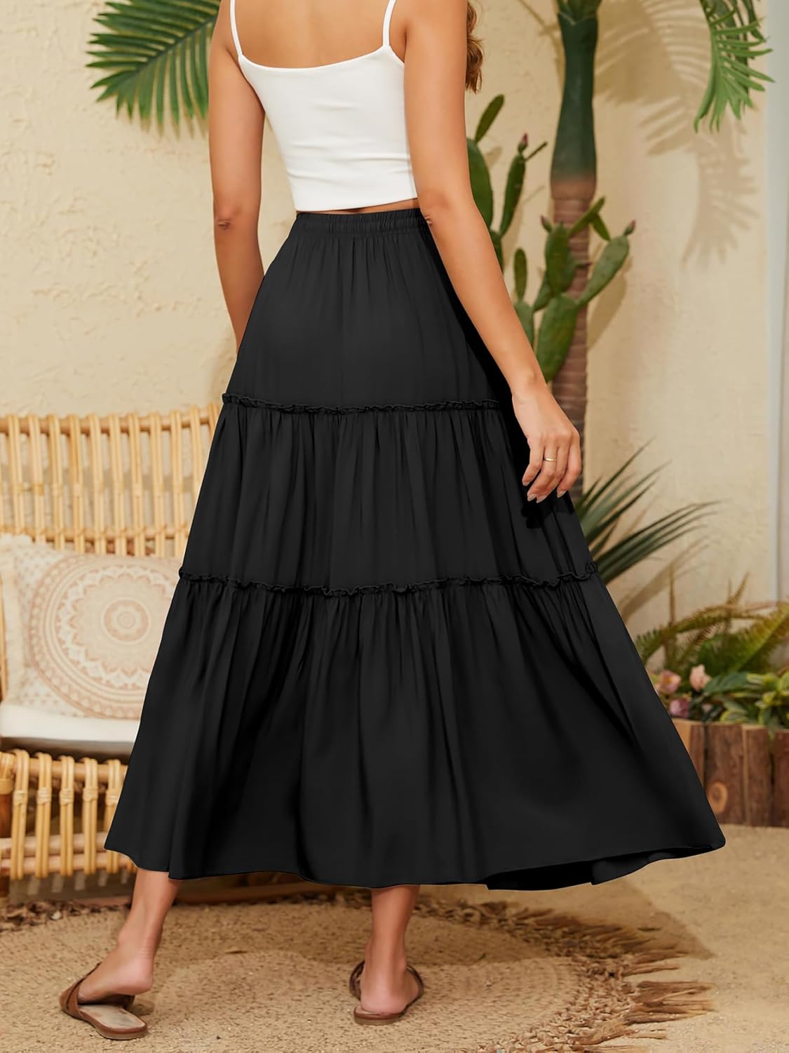 Detalle 2 de Timuspo Women's Maxi Skirt with Pockets – Boho Flowing A-Line, High Elastic Waist