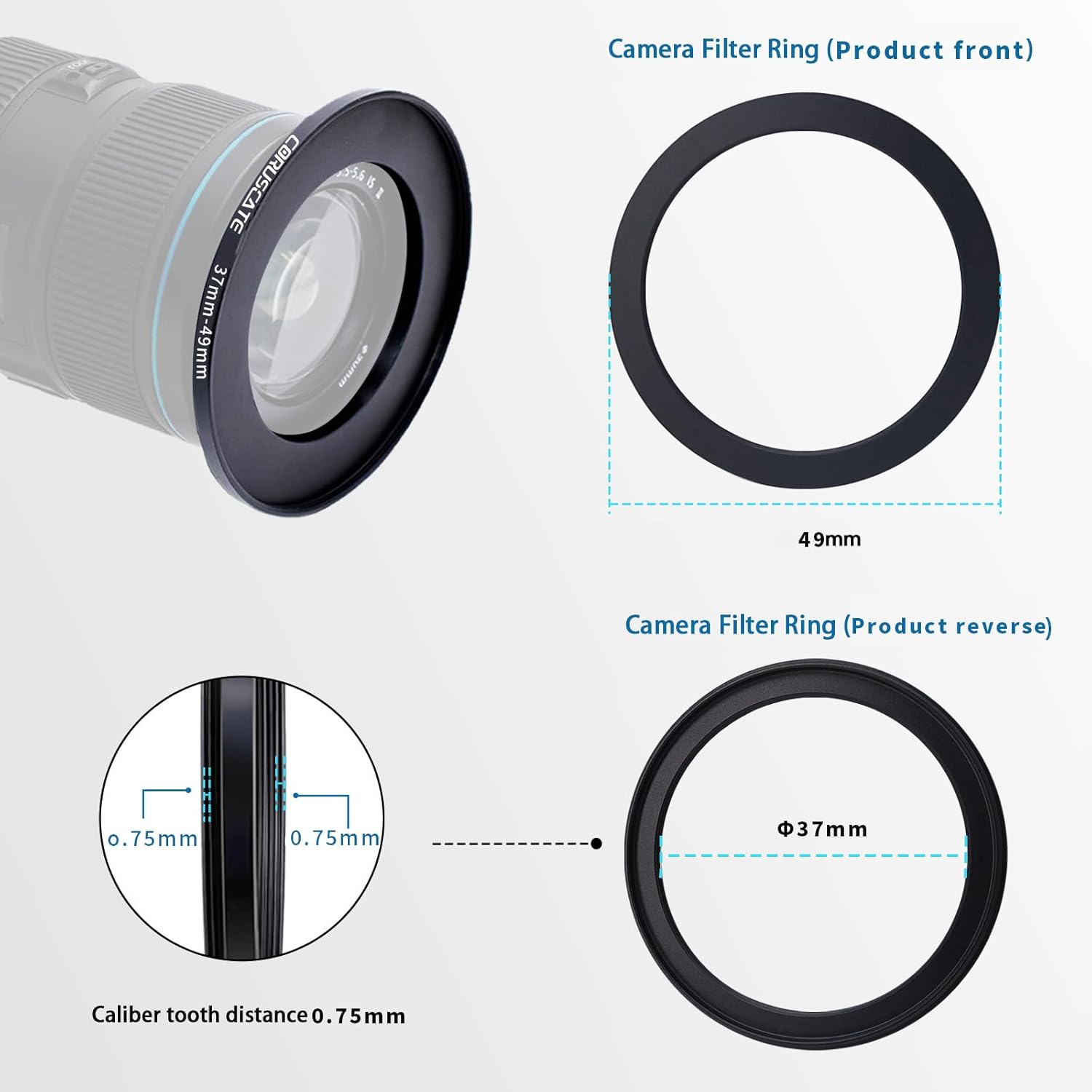 Thumbnail 2 de 37mm auf 49mm Objektivadapter Ring – CNC-Aluminium Step-Up Ring mit Reinigungsset