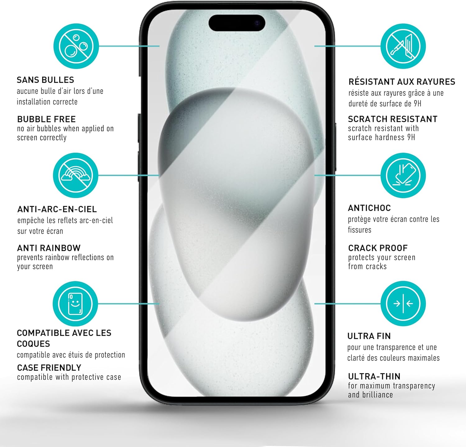 Thumbnail 5 de smartect Verre Trempé iPhone 15 (2 + 2 pièces, Full Screen, Clear) — protection écran + caméra, dureté 9H, outil d’alignement