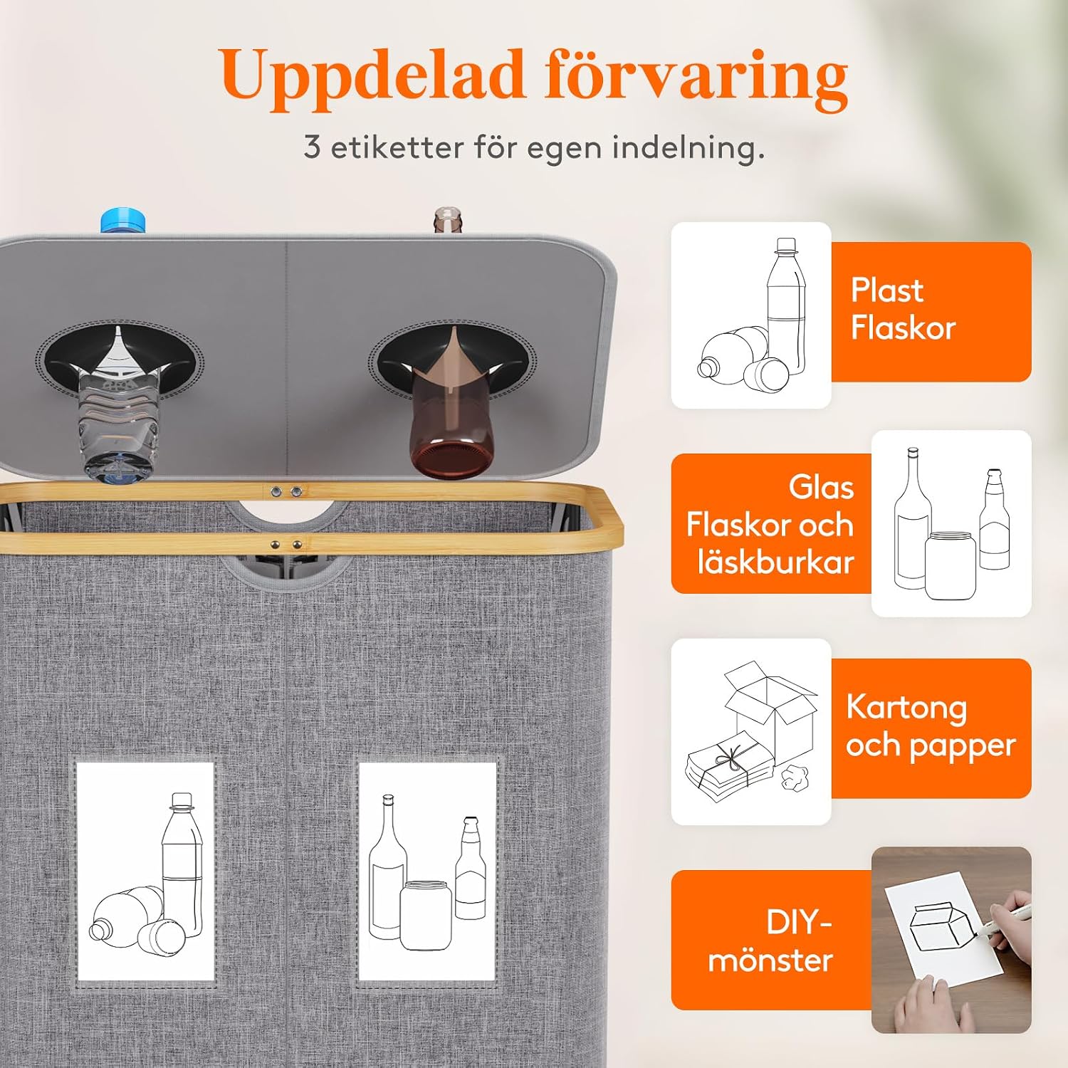 Detalle de Lifewit flaskinsamlare 150 l med lock, två fack och hopfällbar design