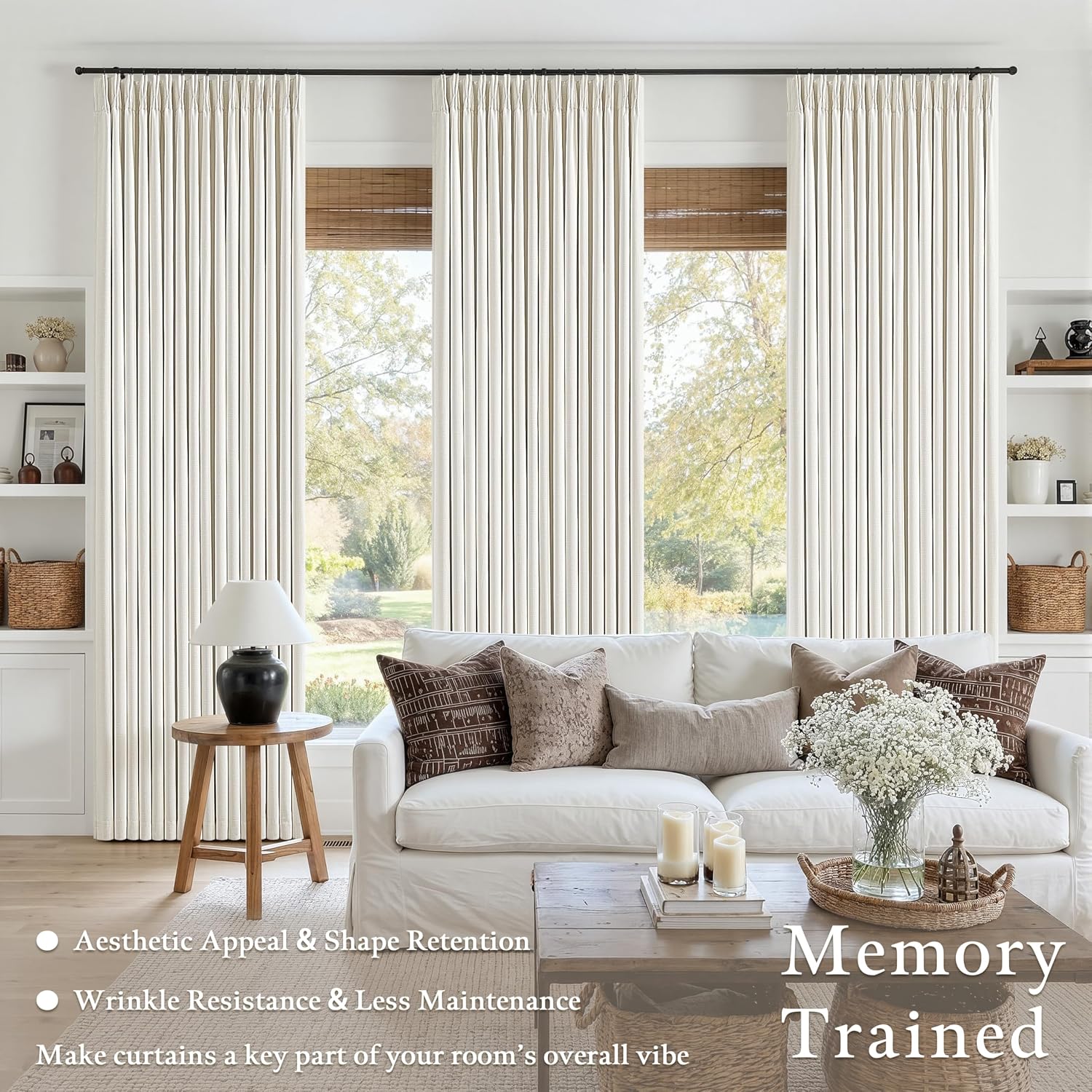 Detalle de Pleated Blackout Linen Curtains 108 Inches Long – 2 Panels, Memory Shape, Noise-Reducing