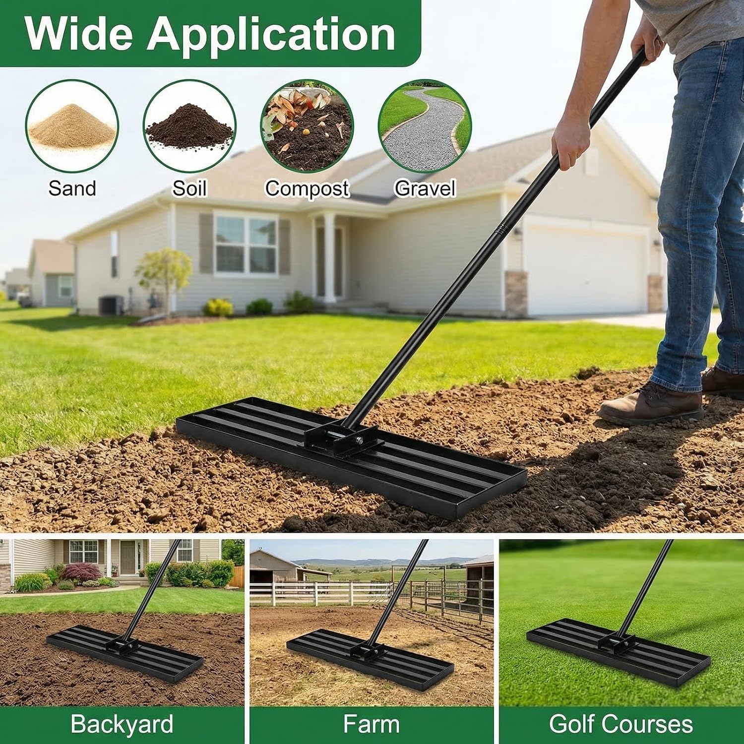 Thumbnail 4 de Fuuwuu Lawn Levelling Rake – heavy-duty 76cm metal leveller with 200cm ergonomic long handle