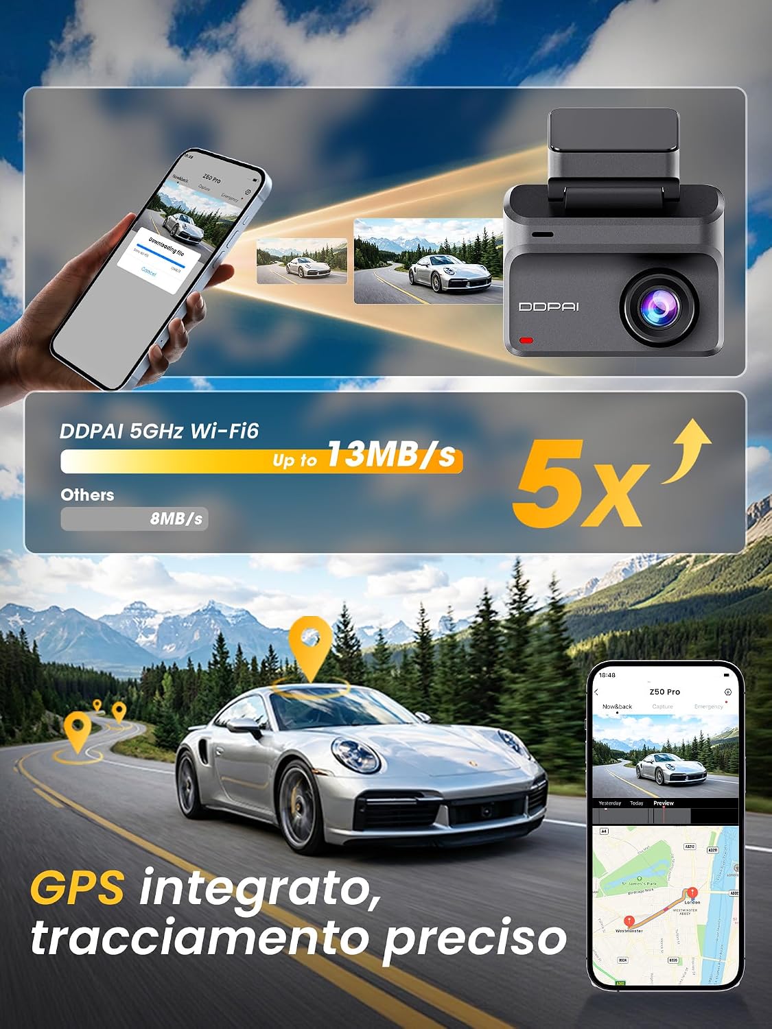 Thumbnail 5 de DDPAI Z50 Pro dashcam auto 4K+1080P con WiFi 6 5 GHz, GPS e 48 ore di monitoraggio in parcheggio