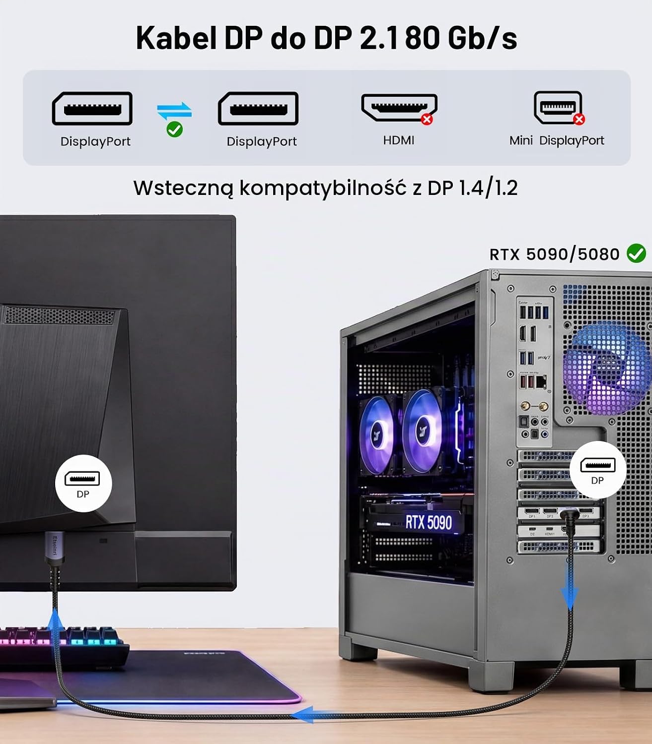 Thumbnail 6 de Etseinri ET-DP2.1-3M kabel DisplayPort 2.1, 80 Gb/s, 3 m, VESA