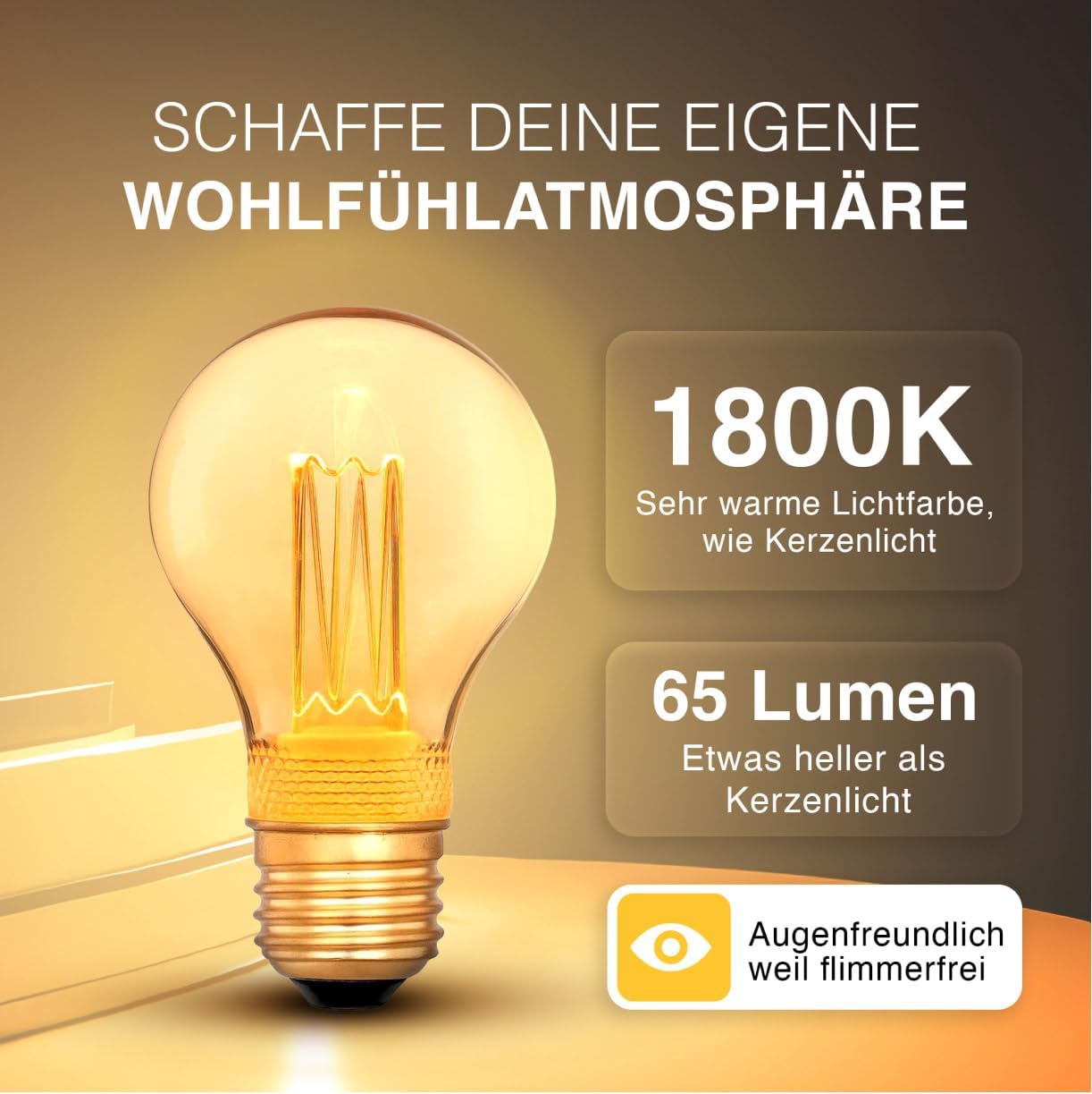 Thumbnail 1 de greenandco E27 LED Vintage Glühbirne A60 „Edison“ – extra warmweiß 1.800 K, flimmerfrei, nicht dimmbar (gold, 2 W)