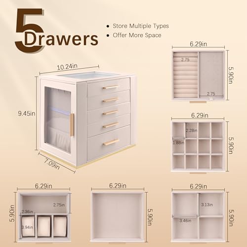 Detalle de Homeanda Schmuckkästchen Groß, 5 Etagen Box mit Glasdeckel, Beige – stilvoll organisiert
