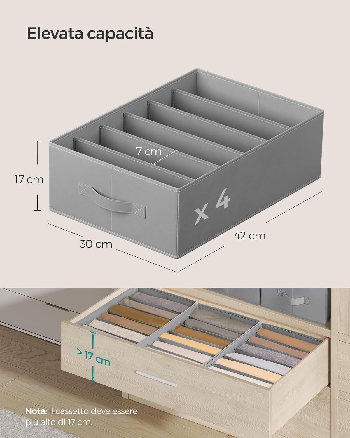 Detalle de SONGMICS RUS009G03 set di 6 organizzatori per armadio a 6 scomparti (grigio tortora)