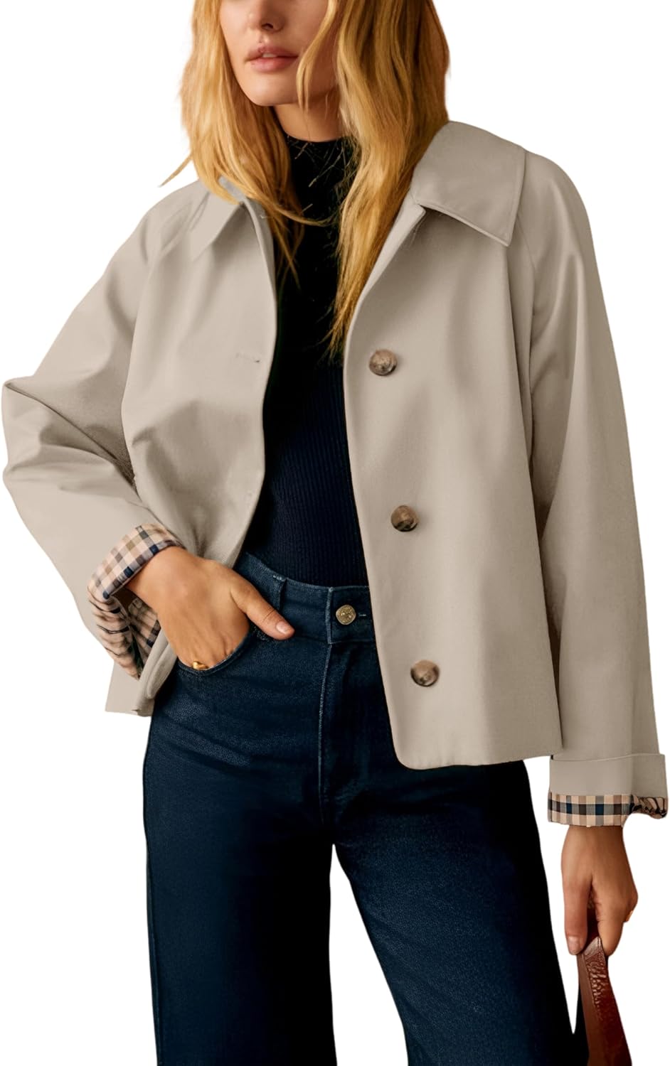 Detalle de Dqbeng Women's Short Trench Jacket with Plaid Lining and Button Front