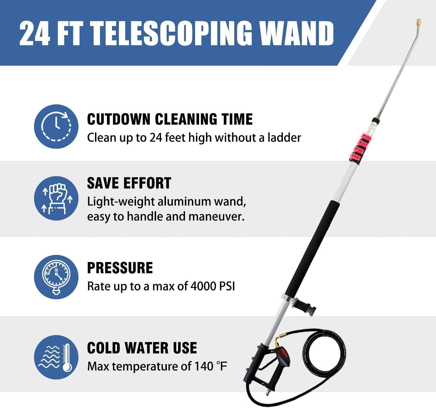Thumbnail 1 de 24 FT Pressure Washer Telescoping Wand — 24 ft extension for power washers