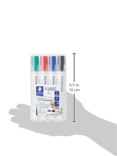 Detalle de Staedtler 351 WP4 Lumocolor: rotuladores para pizarra blanca, 4 colores, Dry Safe y recargables