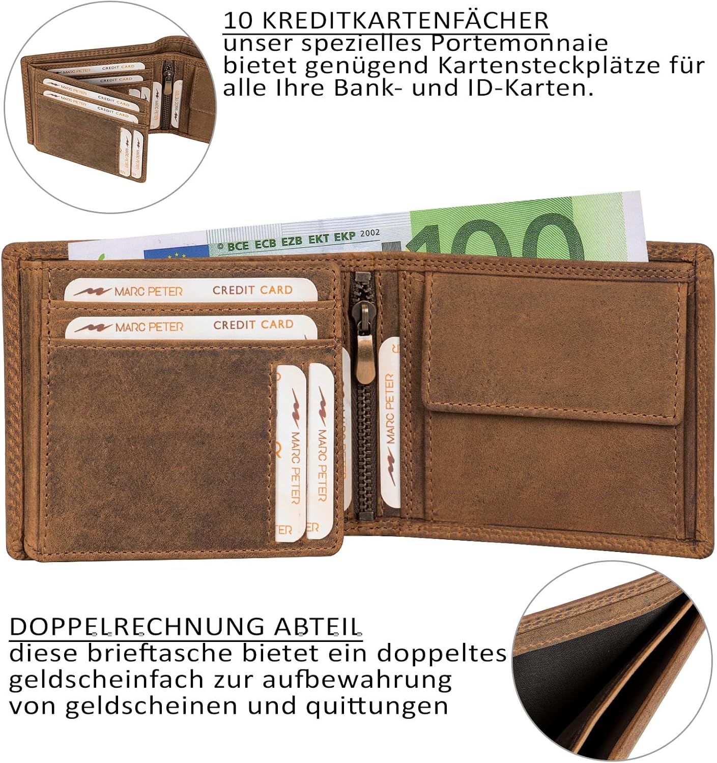 Detalle de Marc Peter® Echt-Leder Geldbörse Hanover – RFID-Schutz, 10 Fächer, Vintage Braun
