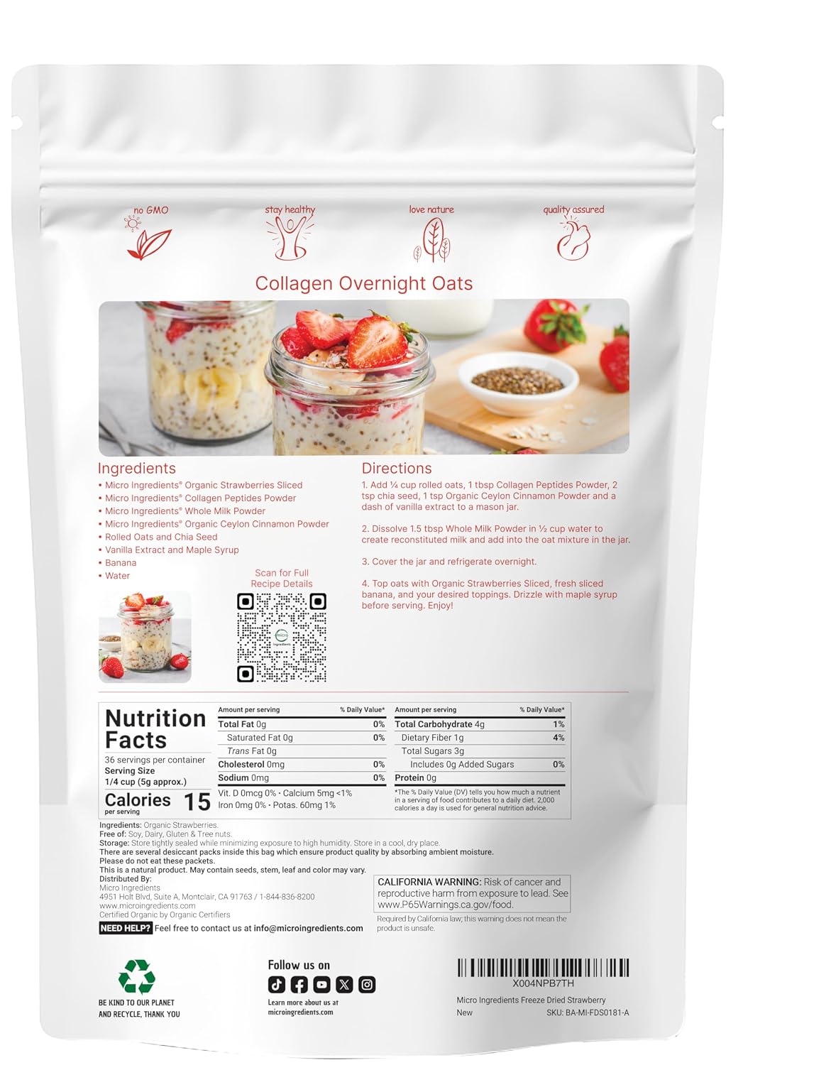 Detalle 2 de Micro Ingredients Organic Sliced Strawberries, 6.4 oz Freeze-Dried Fruit