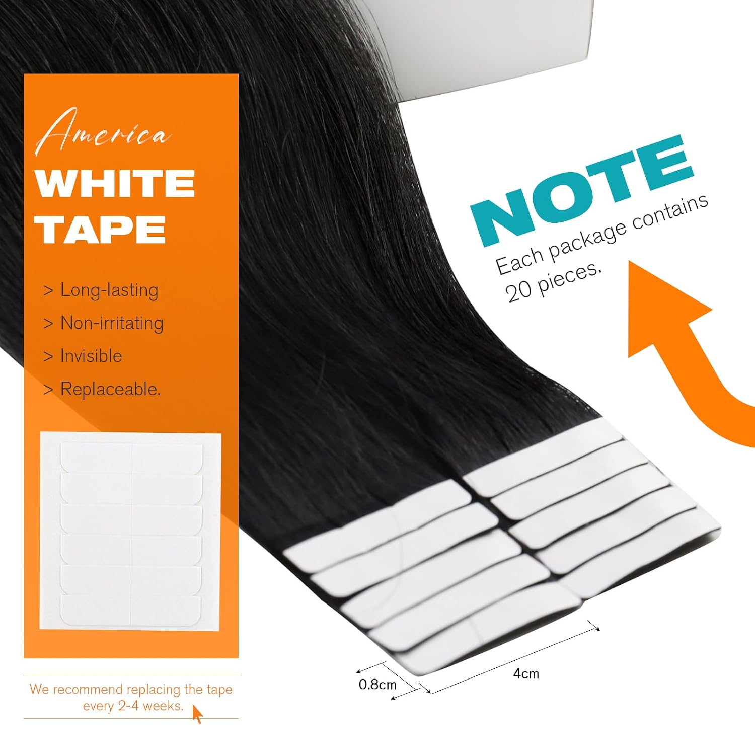 Detalle de Sunny Hair Tape-In Hair Extensions — Real Remy Human Hair, 28-inch, Jet Black (20 Pieces, 50g)