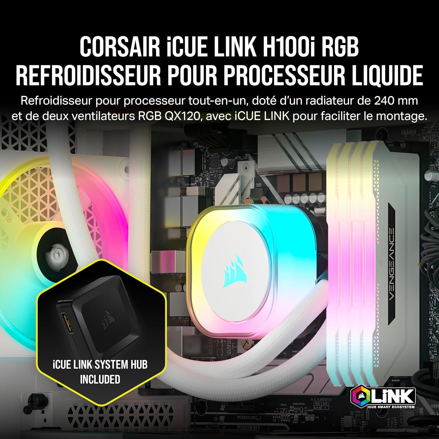Detalle de CORSAIR iCUE Link H100i RGB – Watercooler AIO 240mm avec QX120 RGB et hub iCUE Link (Blanc)