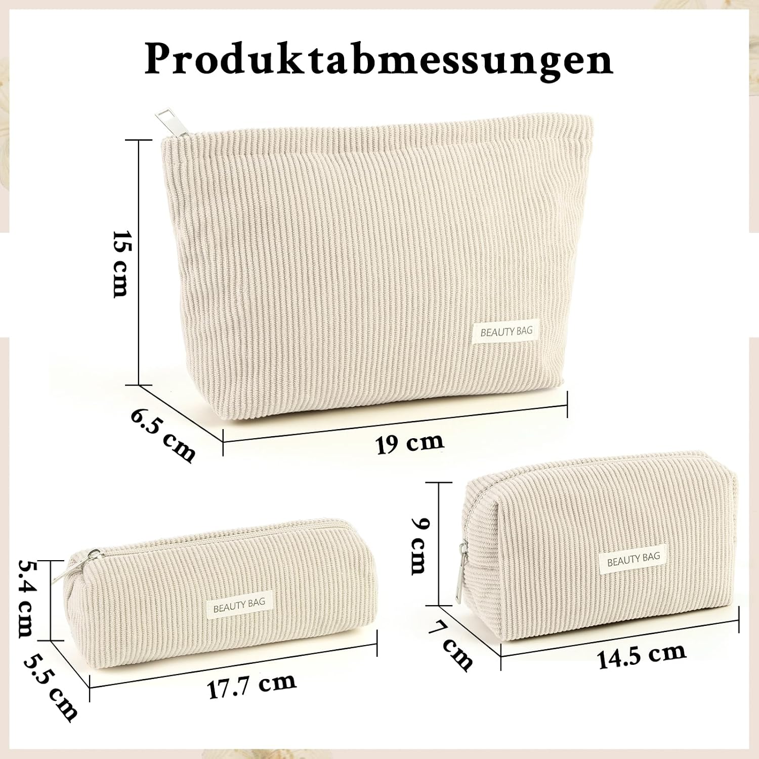 Thumbnail 1 de Kosmetiktasche Damen 3 Stück – Kulturtasche mit Reißverschluss in Beige, 3 Größen