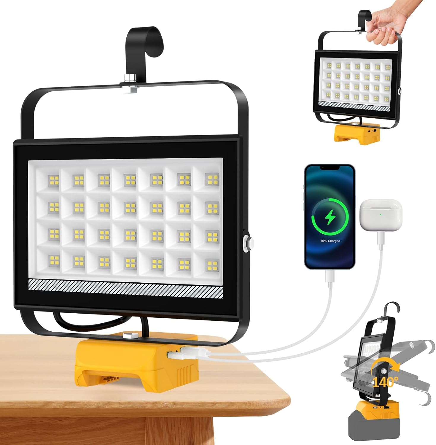 Detalle de T-SUN Cordless 100W LED Work Light for Dewalt 18V 🔦