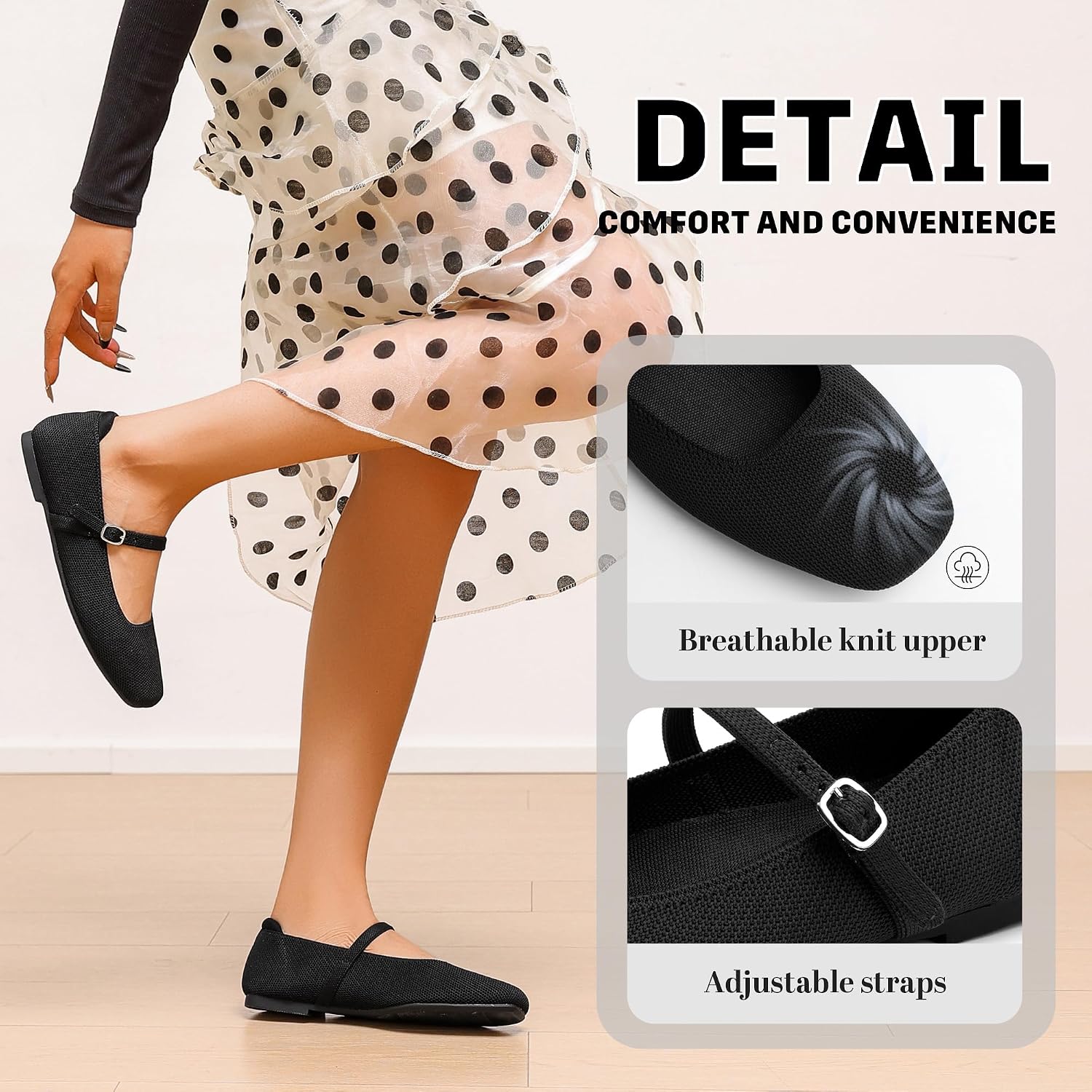 Thumbnail 2 de NIEARDAN Women’s Square Toe Slip-On Ballet Flats with Adjustable Ankle Strap