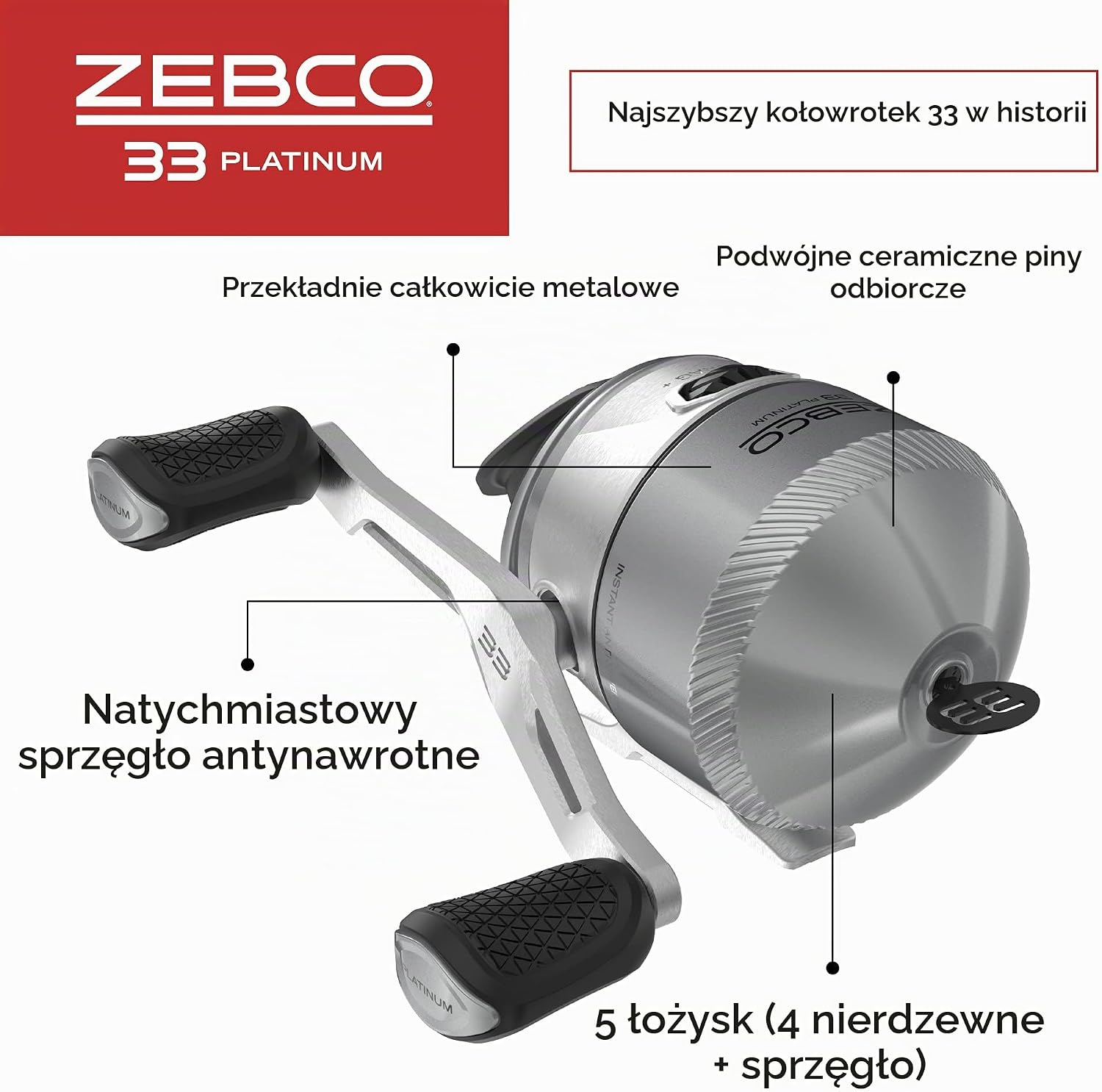 Detalle de Zebco 33 Platinum – kołowrotek spincast z metalowym korpusem i łożyskami ze stali nierdzewnej