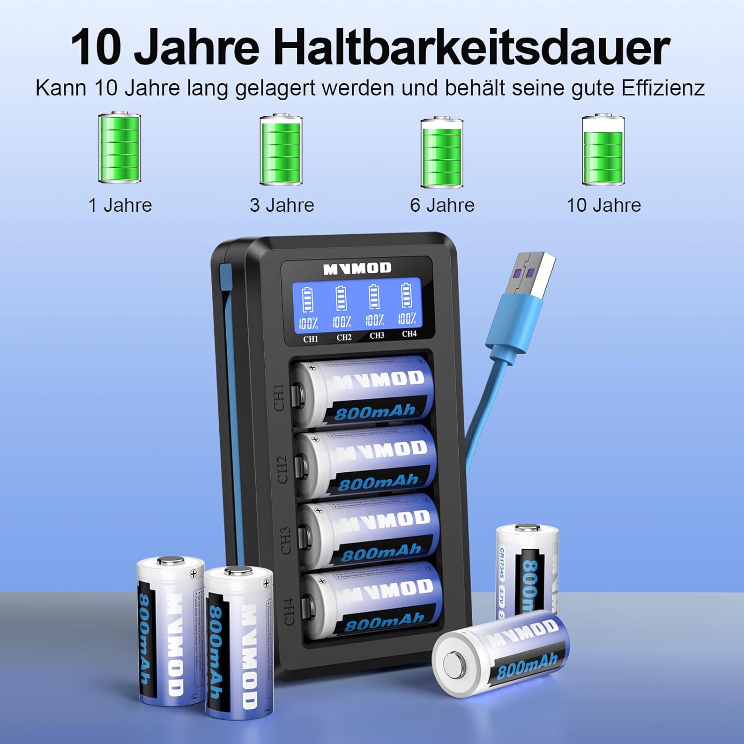 Thumbnail 1 de MVMOD CR123A wiederaufladbare Batterien 8er-Set (3,7V) mit Ladegerät für Arlo & Geräte