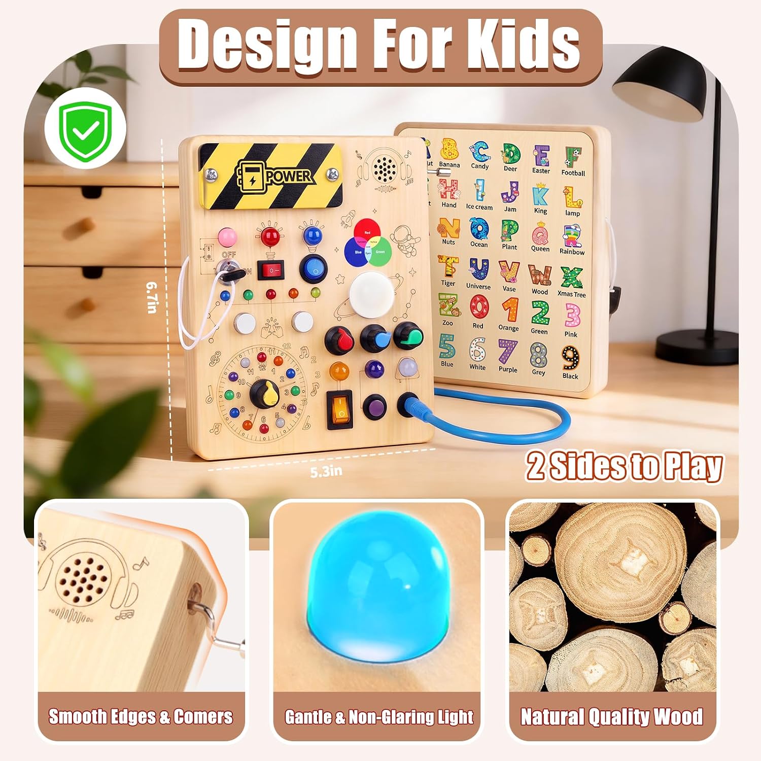 Detalle 2 de Konijiwa Montessori Busy Board de madera para niños (12 interruptores y 24 luces LED)