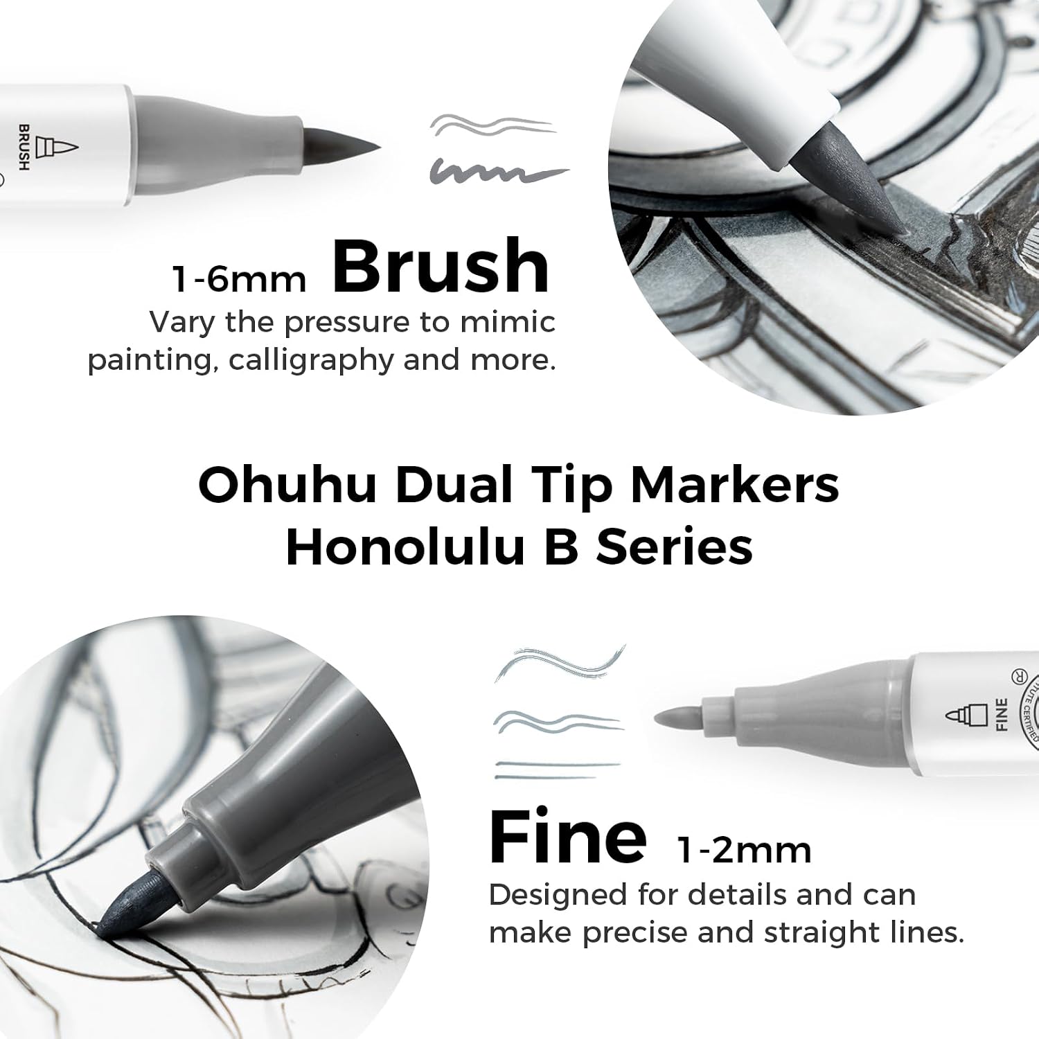 Detalle de Ohuhu Alkohol Marker Grautöne – 36 Graustufen Doppelspitziges Künstlerset mit Pinsel- und Feinspitze (AP-zertifiziert & Nachfüllbar)