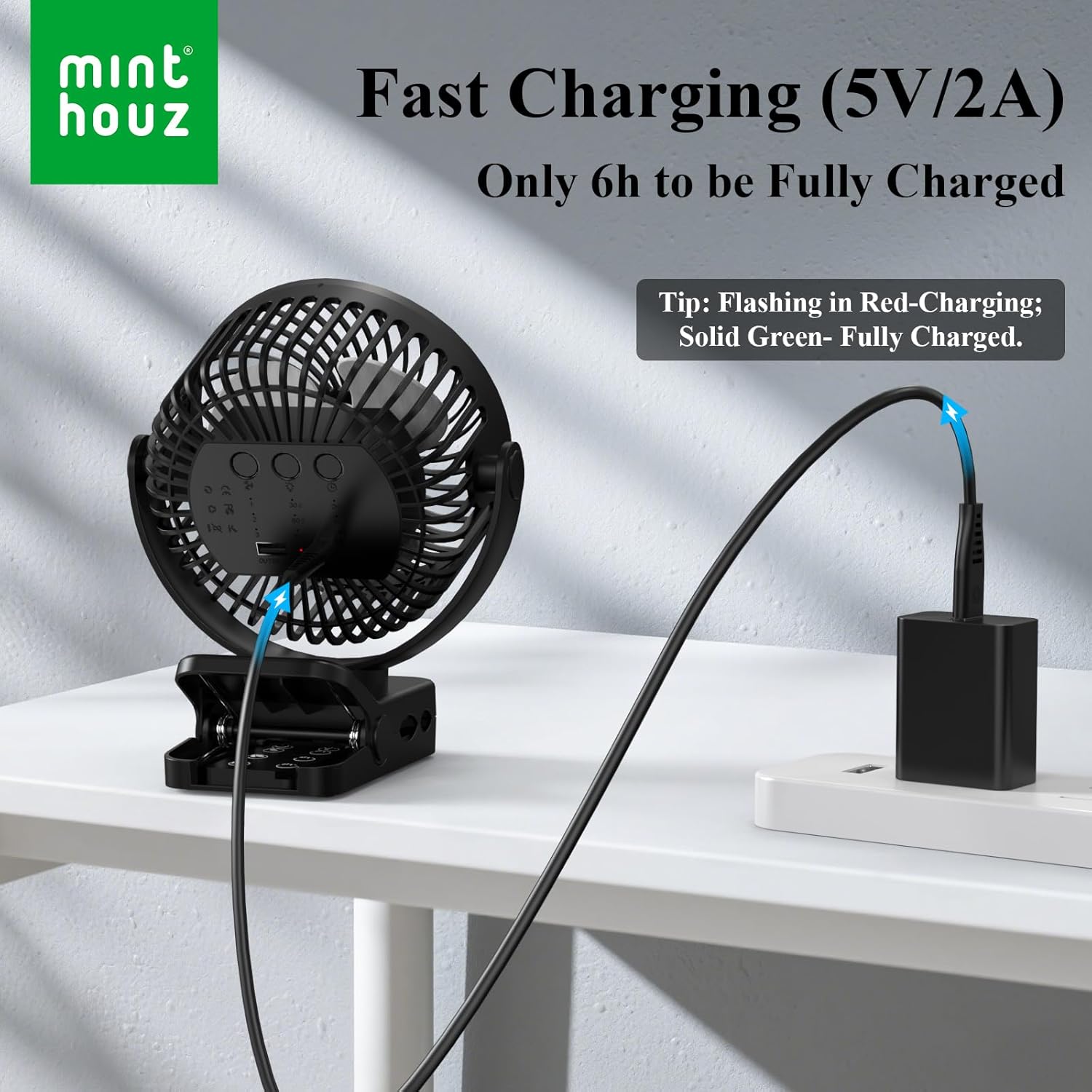 Thumbnail 1 de Minthouz 12000mAh Portable USB Fan (Rechargeable Clip On, Remote, 3 Speeds & Lights, Timer, 360° Rotation) – Black