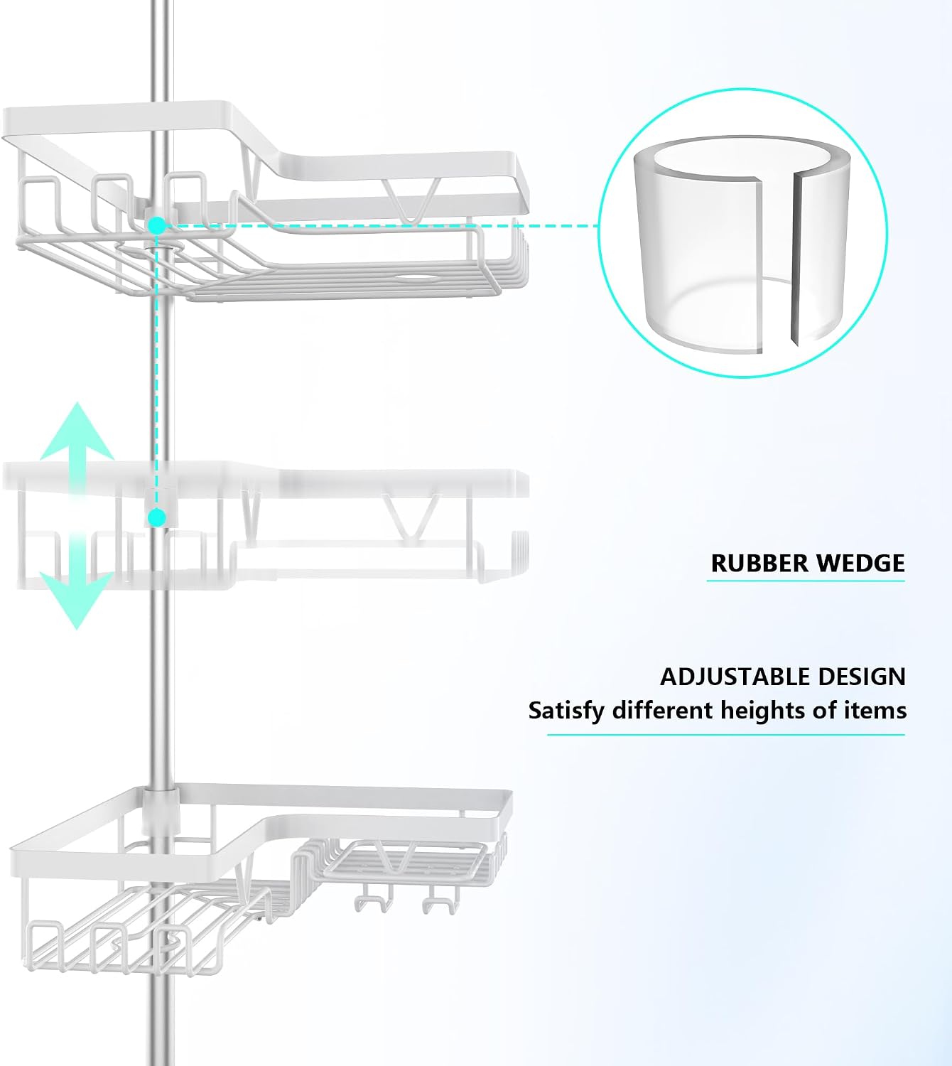Detalle de DAOYA Corner Shower Caddy, 4-Tier Adjustable Tension Pole, White Stainless Steel