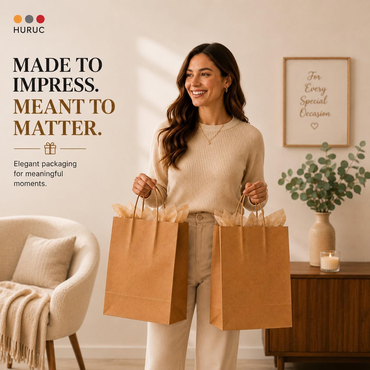 Thumbnail 6 de HURUC 100 pcs Brown Paper Bags with Handles (130GSM kraft), small gift carrier bags for parties & everyday use (18x24x8cm)