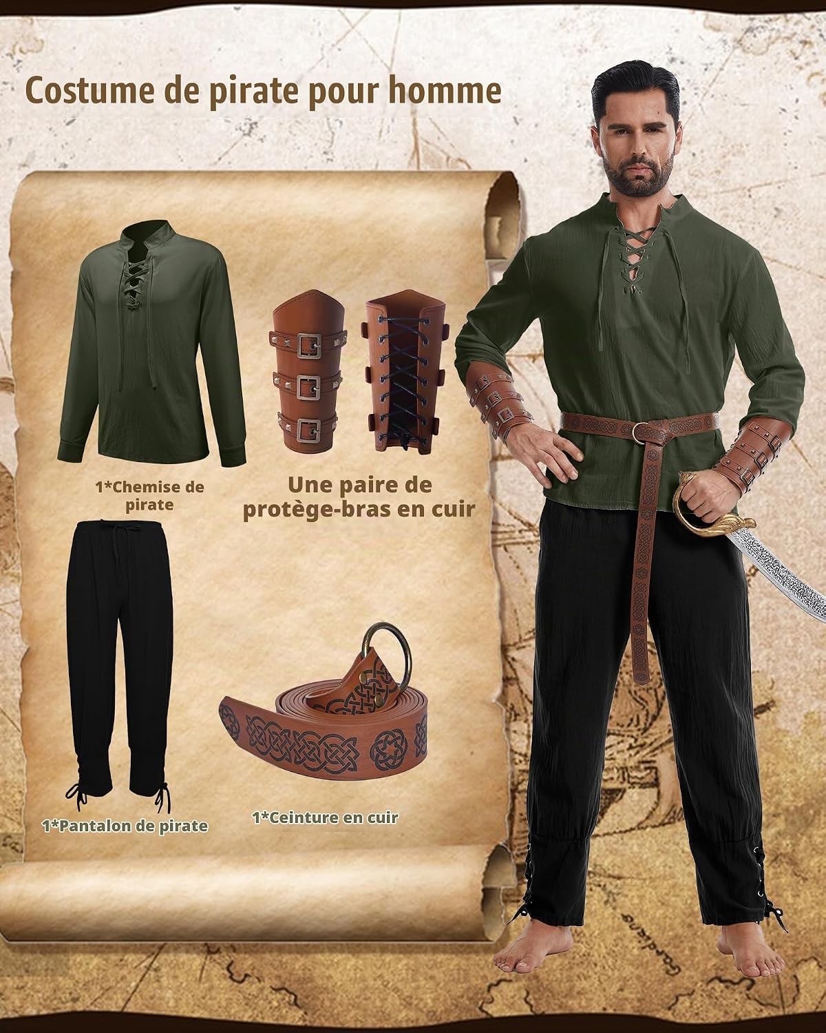 Detalle de QEKFDOV middeleeuws kostuum voor heren met hemd, broek en accessoires