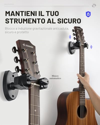 Detalle de Donner Supporto a parete per chitarra – 2 pack con blocco automatico e cuscinetti EVA