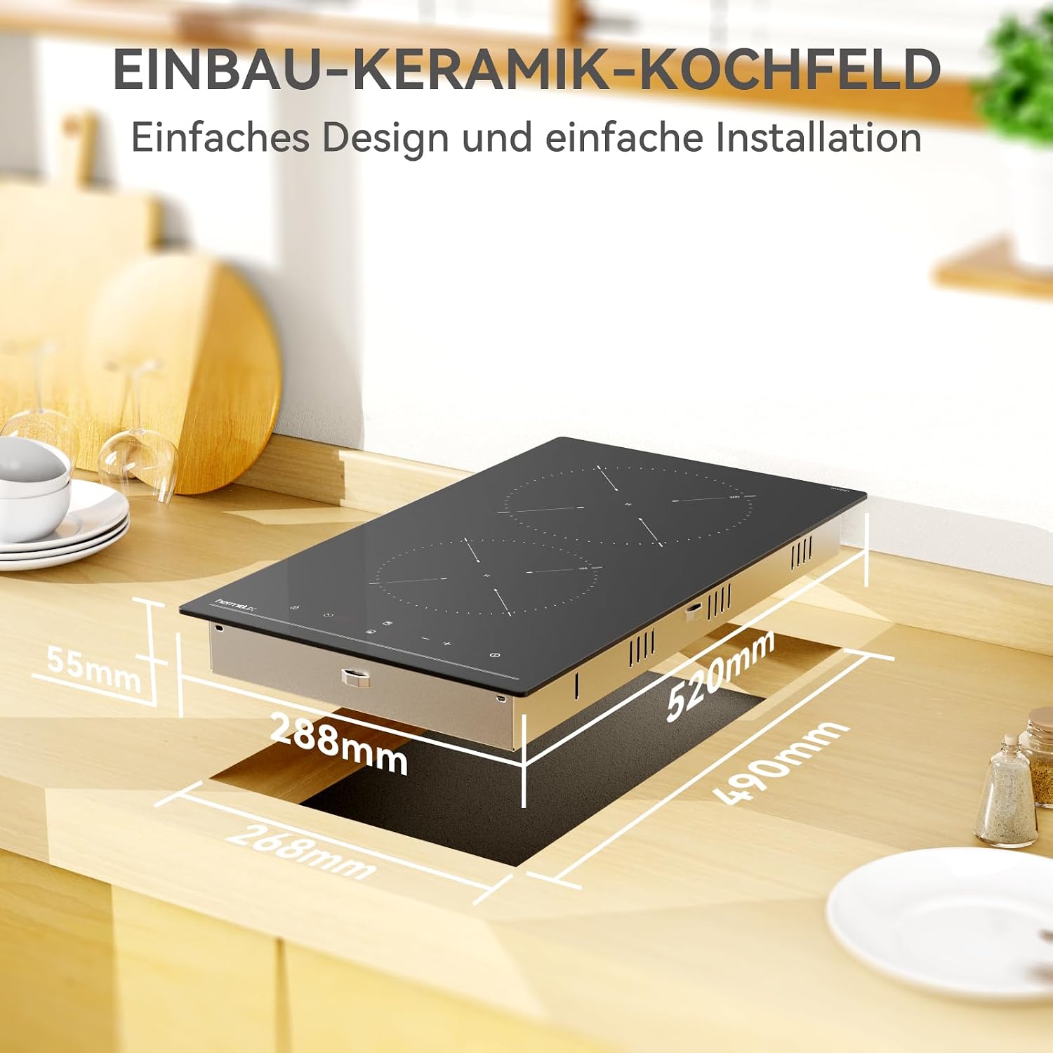 Detalle 2 de Hermitlux Einbau-Kochfeld mit 2 Zonen (Glaskeramik, 3300 W, Timer, Touch & Kindersicherung) 28,8 cm