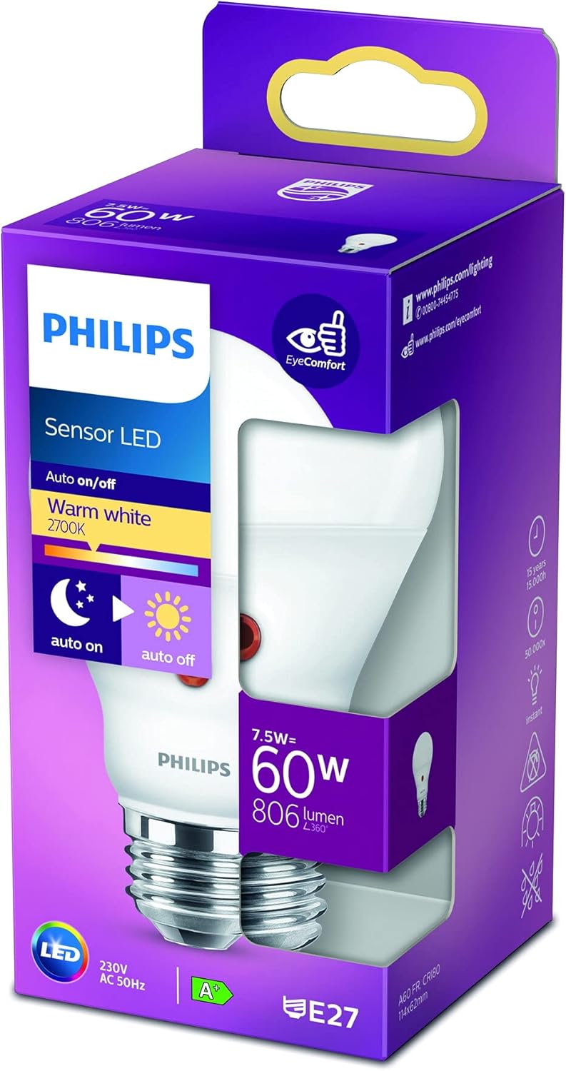 Thumbnail 1 de Philips lampadina a goccia LED con sensore crepuscolare 60W E27, luce bianca calda