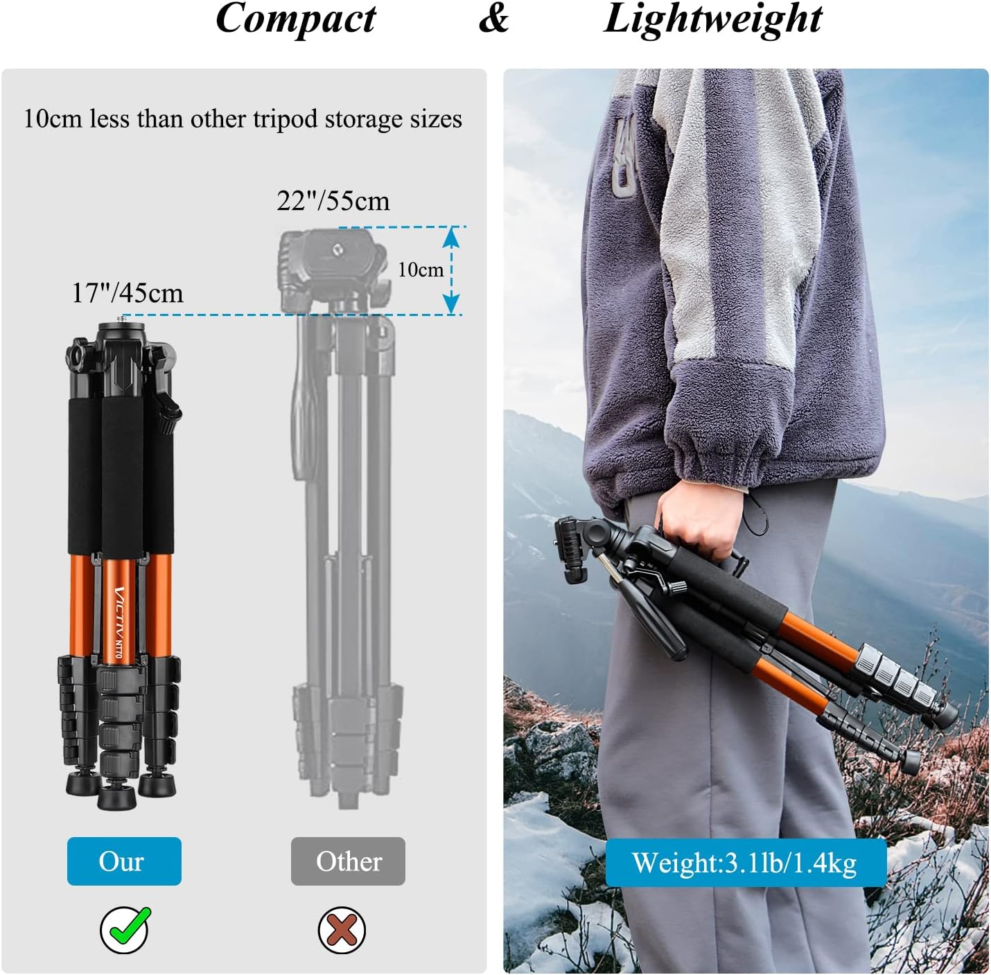Thumbnail 2 de Victiv 182 cm Aluminium Camera Tripod with 360° Pan Head and Phone Holder