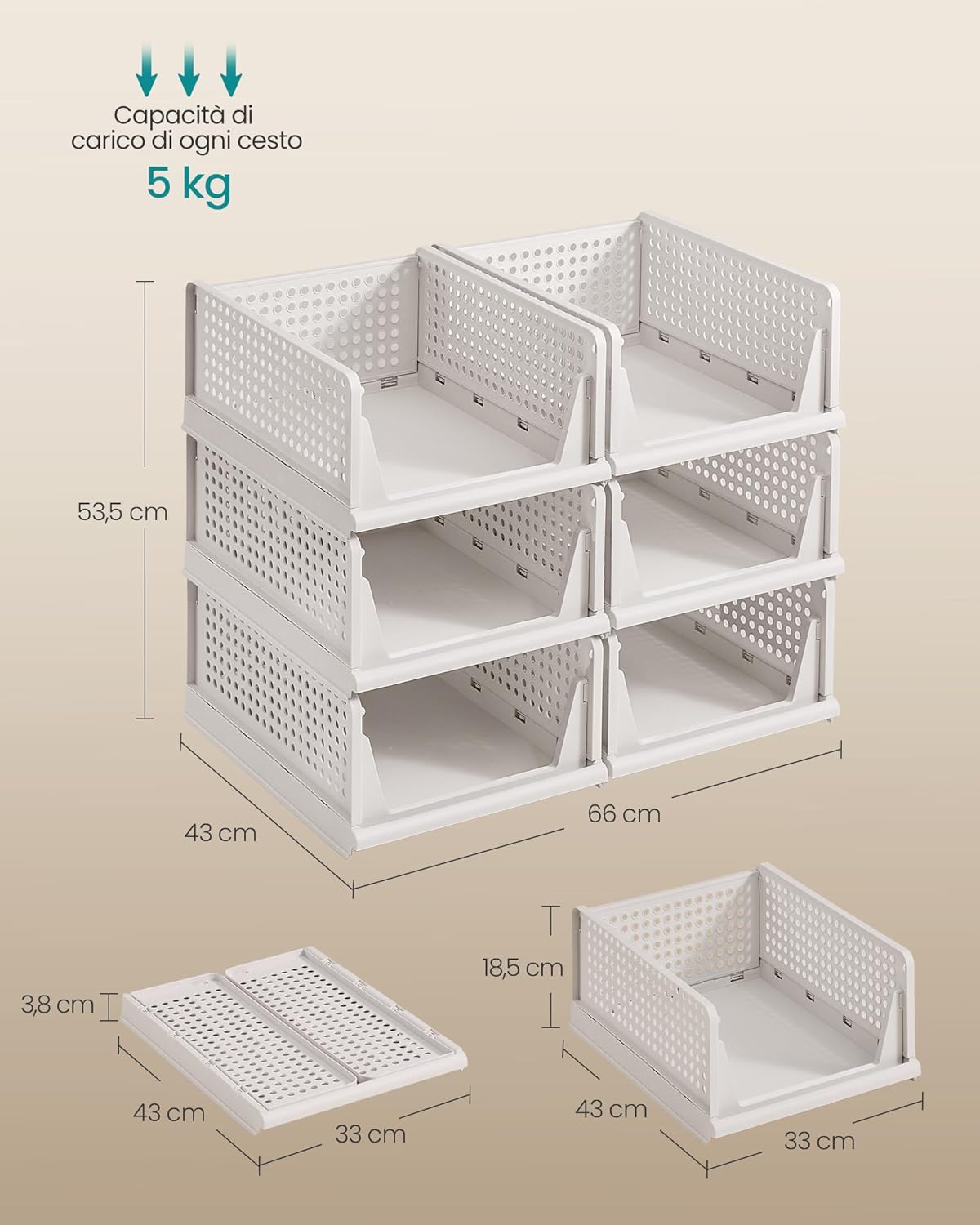 Detalle de SONGMICS Organizer per Armadio Pieghevole LPC600WZ01 – Set di 6 cesti impilabili scorrevoli
